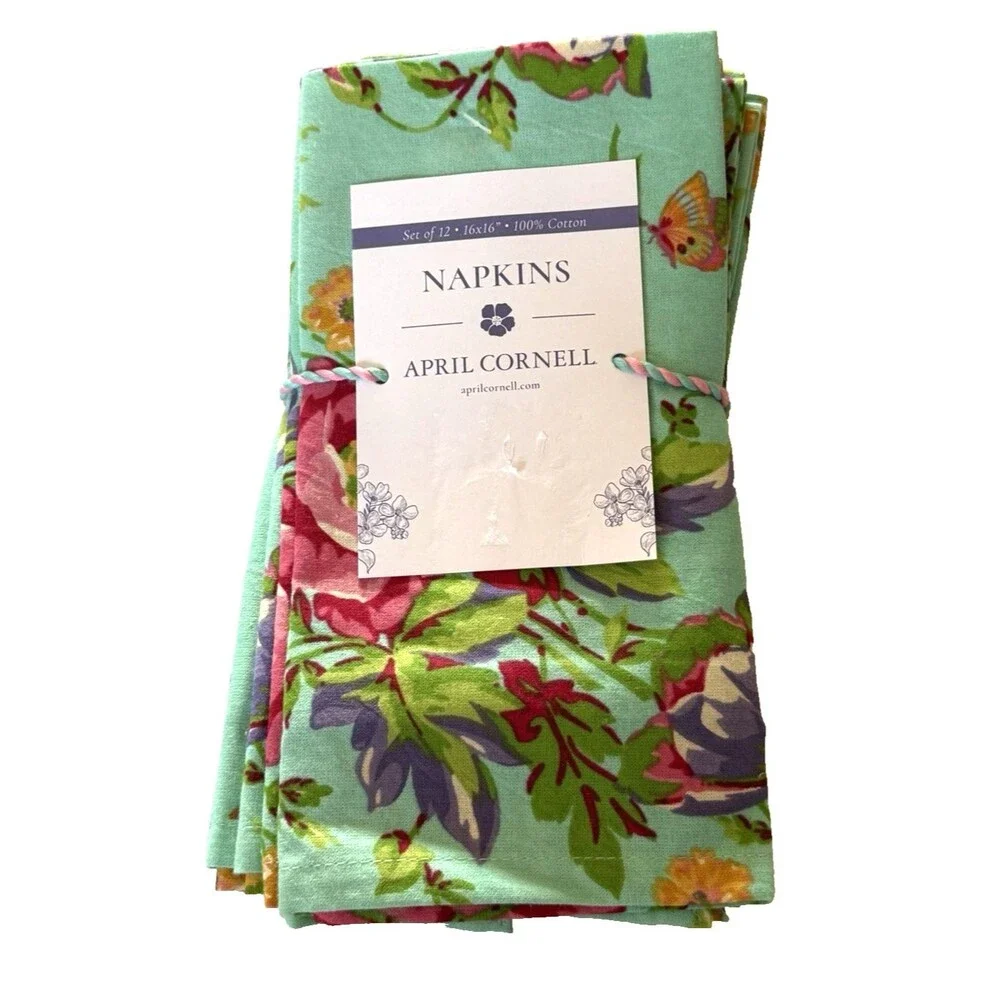 April Cornell Penny's Patio Teal Pink Multi Floral 100% Cotton Napkins Set of 12